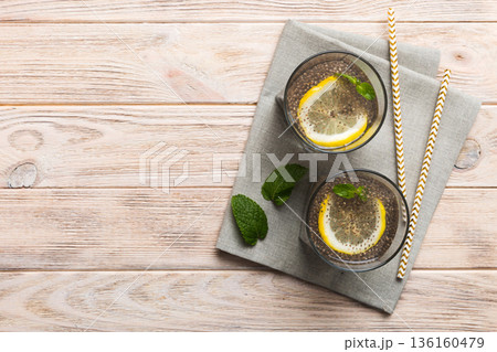 Healthy breakfast or morning with chia seeds lemon and mint on table background, vegetarian food, diet and health concept. Chia pudding with lemon and mint 136160479
