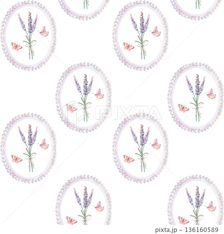 Seamless pattern, vintage pearl frame, lavender, butterfly. Hand-painted watercolor illustration isolated on white for textile, packaging, stationery, wallpaper, branding, wedding design, decor 136160589