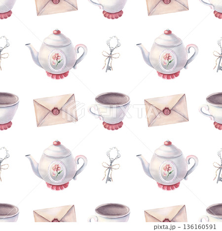 Watercolor vintage seamless pattern with tea set, alstroemeria, key, letter. Hand-painted illustrations isolated on white for stationery, packaging, textile, branding, party invitation, vintage design 136160591