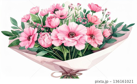 Pink Flowers Bouquet in White Wrapping Paper with Green Leaves 136161021