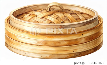 Watercolor Illustration of Traditional Bamboo Steamer with Weaved Lid 136161022