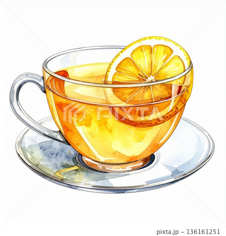 Watercolor Illustration of Tea with Lemon Slice in Glass Cup 136161251