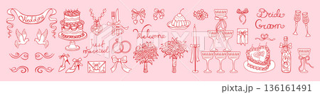Hand Drawn Wedding Illustration Set Doodle Ink Chalk Sketch Whimsical Coquette Vintage Line Art 136161491