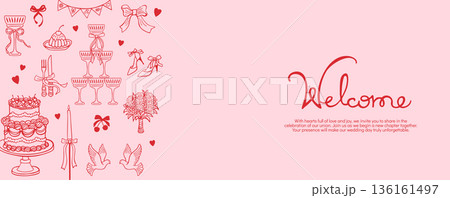 Whimsical Wedding Party Horizontal Background Banner Card Hand Drawn Doodles Vintage Cupid Art Whimsical Wedding Party Horizontal Background Banner Card Hand Drawn Doodles Vintage Cupid Art 136161497