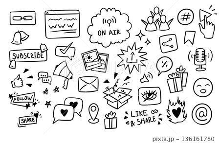 Social Media Elements Symbols Black Thin Line Set Hand Drawn Doodle Style. Vector illustration 136161780