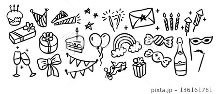 Happy Birthday Party Symbols Black Thin Line Set Hand Drawn Doodle Style. Vector illustration 136161781