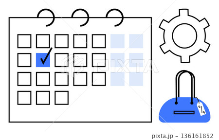 Time management, business operations, shopping plans, retail sales, productivity, scheduling. A calendar with a checkmark, gear icon and shopping bag with a tag. Time management and business 136161852