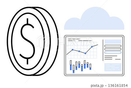 Financial management, data analysis, cloud computing, business growth, digital tools, investment solutions. A dollar sign and data dashboard under a cloud. Financial management and data analysis 136161854