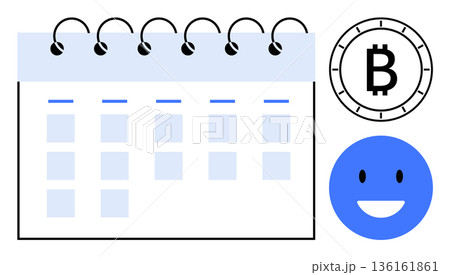 Cryptocurrency, blockchain, financial planning, budgeting, investments, scheduling concepts. Calendar with grid, Bitcoin symbol in a circular design and blue smiling face. Financial planning 136161861