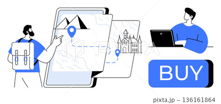 Travel planning, online booking, digital navigation, tourism, e-commerce, exploration. Man with backpack points at map, man at laptop and buy button. Travel planning and online booking concept 136161864