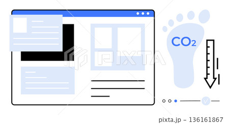 Sustainability, technology, eco-conscious design, carbon tracking, environmental awareness, energy efficiency. A digital web interface paired with a carbon footprint graphic. Sustainability 136161867