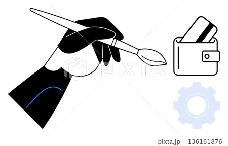 Art and design, creative professions, financial management, technology, hobby careers, innovative ideas. A hand holds a paintbrush near a wallet and gear. Art and design merge with financial 136161876