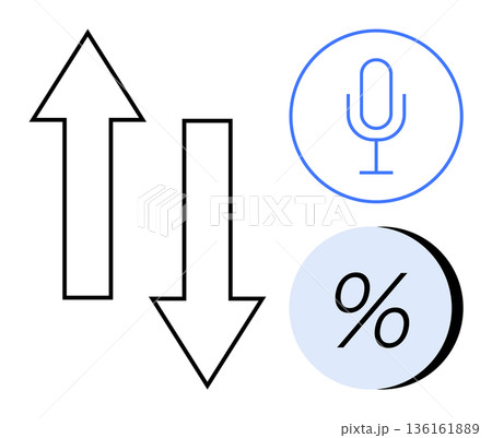Financial analytics, growth trends, digital communication, voice recognition, data sharing, economic concepts. Up and down arrows, microphone icon percentage symbol. Financial analytics and growth 136161889