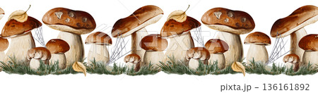 Seamless horizontal border of porcini mushrooms with forest grass, leaves, and spider web. Ideal for backgrounds, packaging, banners, and menu design. Watercolor illustration, hand painted. High Seamless horizontal border of porcini mushrooms with forest grass, leaves, and spider web. Ideal for backgrounds, packaging, banners, and menu design. Watercolor illustration, hand painted. High 136161892