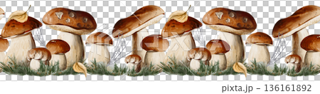 Seamless horizontal border of porcini mushrooms with forest grass, leaves, and spider web. Ideal for backgrounds, packaging, banners, and menu design. Watercolor illustration, hand painted. High 136161892