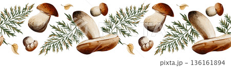 Seamless pattern with porcini mushrooms, leaves, and forest plants isolated on a white background. Ideal for packaging, textiles, backgrounds, and eco-friendly design. Watercolor illustration, hand Seamless pattern with porcini mushrooms, leaves, and forest plants isolated on a white background. Ideal for packaging, textiles, backgrounds, and eco-friendly design. Watercolor illustration, hand 136161894