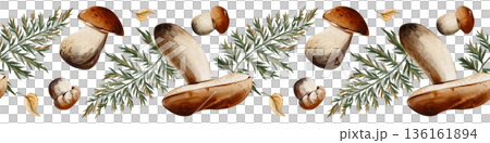 Seamless pattern with porcini mushrooms, leaves, and forest plants isolated on a white background. Ideal for packaging, textiles, backgrounds, and eco-friendly design. Watercolor illustration, hand Seamless pattern with porcini mushrooms, leaves, and forest plants isolated on a white background. Ideal for packaging, textiles, backgrounds, and eco-friendly design. Watercolor illustration, hand 136161894