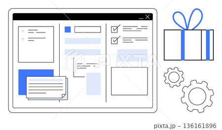 Productivity tools, digital planning, workflow management, user interface, task tracking, web design. Modern digital workspace with checklists, icons and settings gears. Productivity tools 136161896