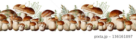 Seamless decorative border of porcini mushrooms with forest plants, grass, and ferns. Ideal for backgrounds, packaging, banners, and menu design. Watercolor illustration, hand painted. High quality 136161897