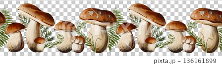 Horizontal decorative border of porcini mushrooms with ferns and forest greenery. Ideal for banners, packaging, menu design, and eco-friendly projects. Watercolor illustration, hand painted. 136161899