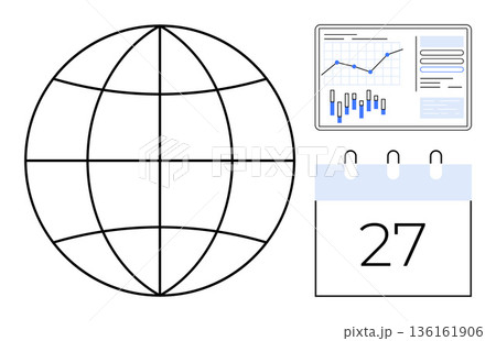 Global business, data management, scheduling, analytics, international workflow, and planning. A globe, data chart and calendar date. Global business and data management concept Global business, data management, scheduling, analytics, international workflow, and planning. A globe, data chart and calendar date. Global business and data management concept 136161906