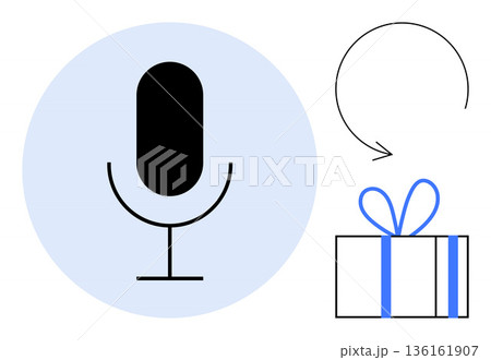 Audio messaging, digital communication, reward programs, podcasting, virtual events, gifts. Microphone icon, present with bow and circular arrow. Audio messaging and rewards concept visualization Audio messaging, digital communication, reward programs, podcasting, virtual events, gifts. Microphone icon, present with bow and circular arrow. Audio messaging and rewards concept visualization 136161907