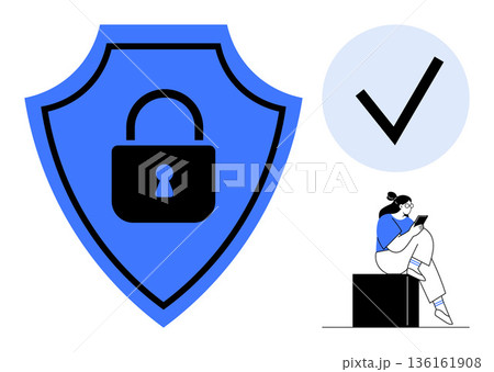 Data security, identity protection, online privacy, digital safety, internet security, technology concepts. Blue shield with lock, checkmark person using phone. Cybersecurity and identity protection 136161908