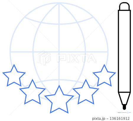 Professional evaluation, service ratings, quality standards, global reach, customer feedback, certification process. Illustration shows a globe, five stars and a pen. Quality standards and global 136161912