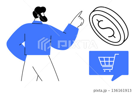 E-commerce, business analytics, digital payments, online shopping, economic growth, financial management. A man points to dollar coin and shopping cart icon. E-commerce and business analytics concept 136161913