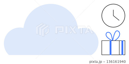 Digital storage, time management, gift giving, cloud technology, organization, celebration. Simplistic cloud shape, clock icon and gift box illustration. Storage and time management concepts Digital storage, time management, gift giving, cloud technology, organization, celebration. Simplistic cloud shape, clock icon and gift box illustration. Storage and time management concepts 136161940