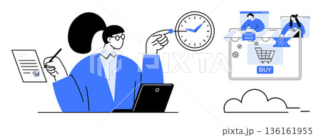 Time management, e-commerce, remote work, digital shopping, workplace efficiency, online collaboration. Person with laptop, clock contracts and virtual shopping cart. Time management and e-commerce 136161955