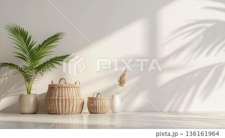 Minimal waste. Clean modern scene with reusable wicker baskets and potted plants and eco-friendly materials 136161964
