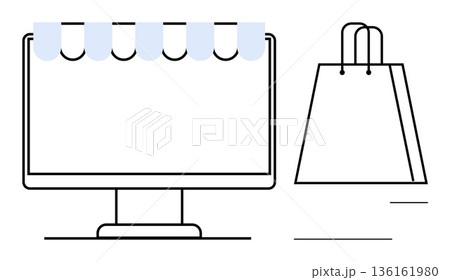 E-commerce, online retail, digital marketing, shopping experience, consumer behavior, technology trends. Computer monitor with a shopping bag. E-commerce and online retail concept 136161980