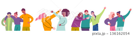 Cartoon Color Characters People and Best Friends Concept Flat Design Style with Elements Thin Line. Vector illustration of Friendship Cartoon Color Characters People and Best Friends Concept Flat Design Style with Elements Thin Line. Vector illustration of Friendship 136162054