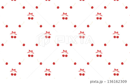 2つのさくらんぼにリボンを飾ったひし形のさくらんぼの格子柄 136162309