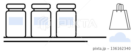 E-commerce, product storage, retail display, packaging design, organization, consumer goods. Three jars on a shelf, shopping bag alongside. E-commerce and product storage concept 136162340
