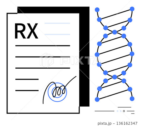 Genetic research, personalized medicine, healthcare innovation, medical prescriptions, biotechnology, pharmacogenomics. Medical document with RX and DNA strand. Genetic research and personalized 136162347