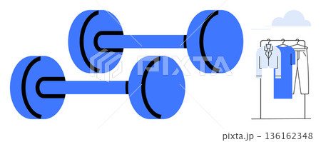 Fitness, active lifestyle, wellness, exercise, sports equipment, minimalist design. Two blue dumbbells alongside a clothing rack with garments. Fitness and active lifestyle Fitness, active lifestyle, wellness, exercise, sports equipment, minimalist design. Two blue dumbbells alongside a clothing rack with garments. Fitness and active lifestyle 136162348
