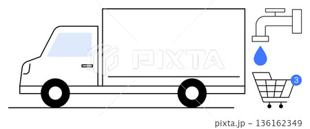 E-commerce, logistics, water management, supply chain, environmental services, online shopping. Minimalist truck, water droplet faucet shopping cart. E-commerce and logistics concepts E-commerce, logistics, water management, supply chain, environmental services, online shopping. Minimalist truck, water droplet faucet shopping cart. E-commerce and logistics concepts 136162349
