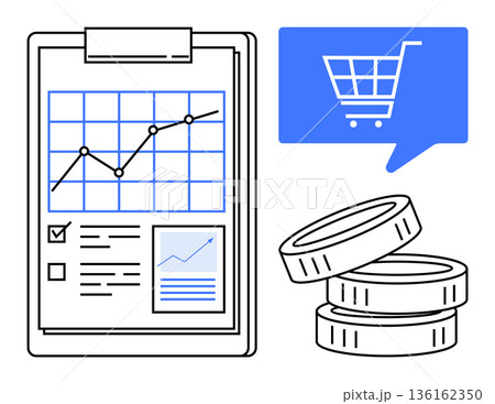 Data analysis, e-commerce, financial success, online shopping, market growth, digital economy. Chart with growth line, shopping cart icon and coin stack. Business analytics and e-commerce concept 136162350