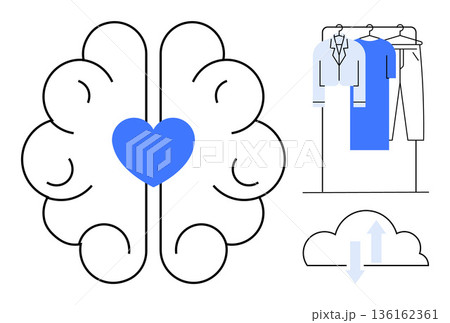 Mental health, sustainable living, cloud storage, eco-consciousness, minimalism, lifestyle balance. Illustration of a brain with a heart, cloud storage icon and hanging clothes. Mental health 136162361