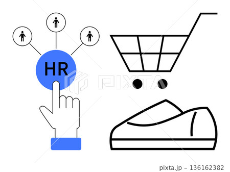 Business processes, e-commerce, human resources, recruitment, consumer goods, workforce. Visual shows HR network, shopping cart icon and shoe outline. Human resources and business processes concept 136162382