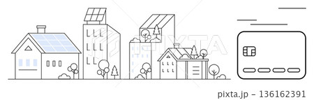 Renewable energy, sustainable living, eco-friendly housing, green technology, smart payments, financial support. Line art of solar-paneled homes and credit card. Renewable energy and sustainable 136162391