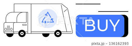 E-commerce, sustainable delivery, eco-friendly shopping, recycling logistics, online purchasing, digital transactions. Delivery truck with a recycling icon and a buy button. Sustainable delivery 136162393