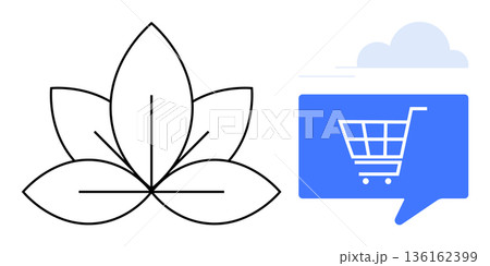 E-commerce, wellness, online shopping, nature, digital business, marketing. Minimalist black lotus symbol next to a blue shopping cart in a speech bubble. E-commerce and wellness concept E-commerce, wellness, online shopping, nature, digital business, marketing. Minimalist black lotus symbol next to a blue shopping cart in a speech bubble. E-commerce and wellness concept 136162399