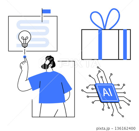 Artificial intelligence, innovation, gift giving, technology design, creativity, futuristic ideas. Elements include a person, AI chip gift box and light bulb. Artificial intelligence and innovation 136162400