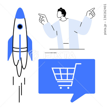 Entrepreneurship, e-commerce, innovation, online business, marketing strategies, digital sales. A person gesturing near rocket and shopping cart symbols. Entrepreneurship and e-commerce 136162401