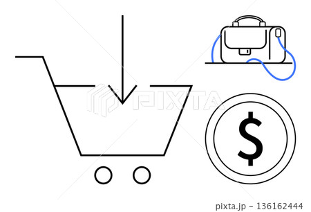 Online shopping, e-commerce, digital transactions, retail business, financial services, online payments. Minimalist design with a shopping cart, briefcase and dollar sign. E-commerce and online 136162444