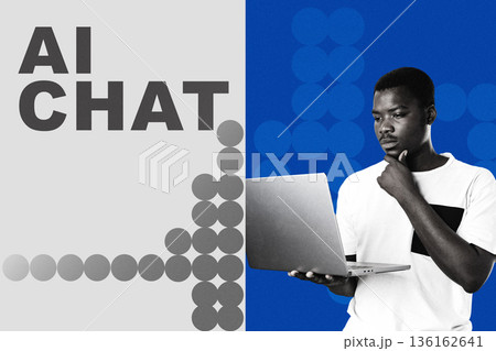 Young man using laptop for AI chat in a modern setting Young man using laptop for AI chat in a modern setting 136162641