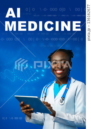 Medical professional holds tablet and smiles about advancements in AI medicine 136162677